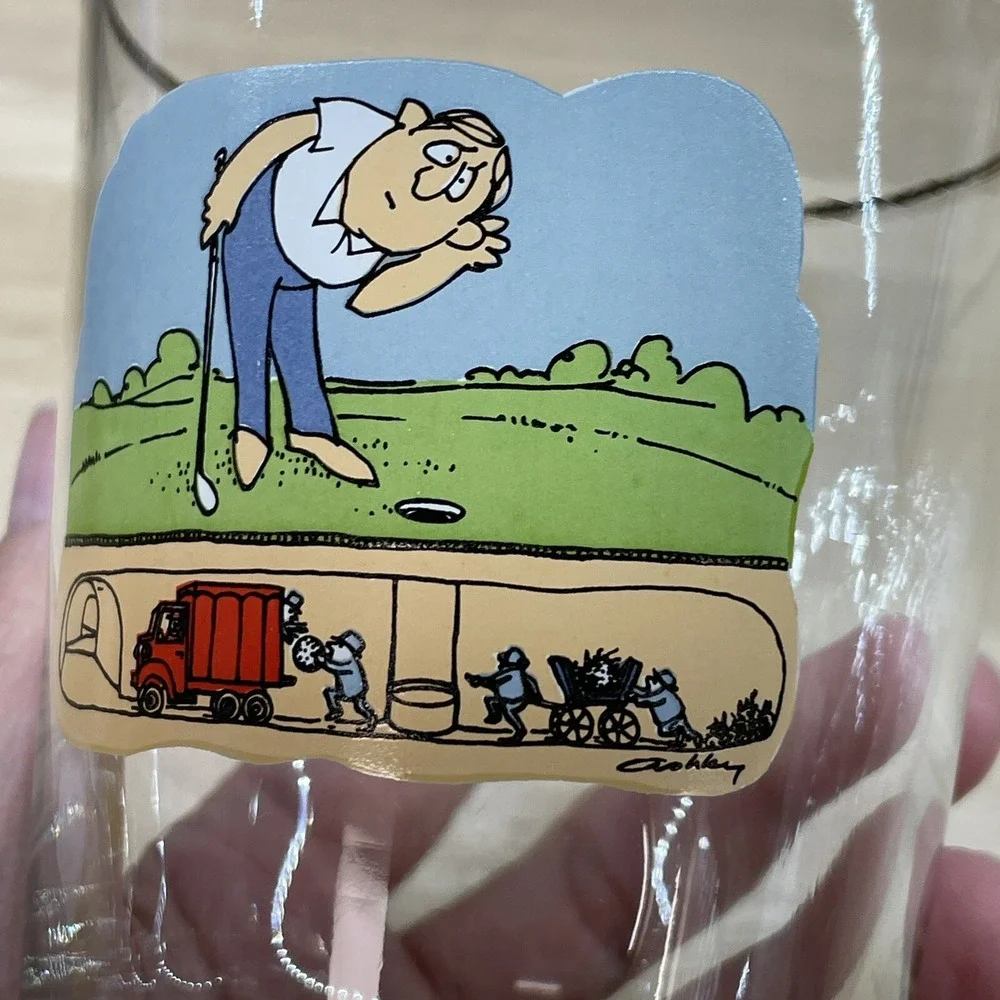 Vintage Ashby‎ Glasses 8pc Golf Funny Cartoon Low Ball Whiskey Man's Cave Decor